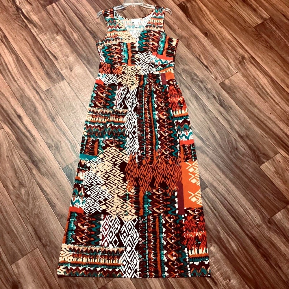 Robbie Bee Womens XL Multi Color Geometric Tribal Patchwork V-Neck Maxi Dress